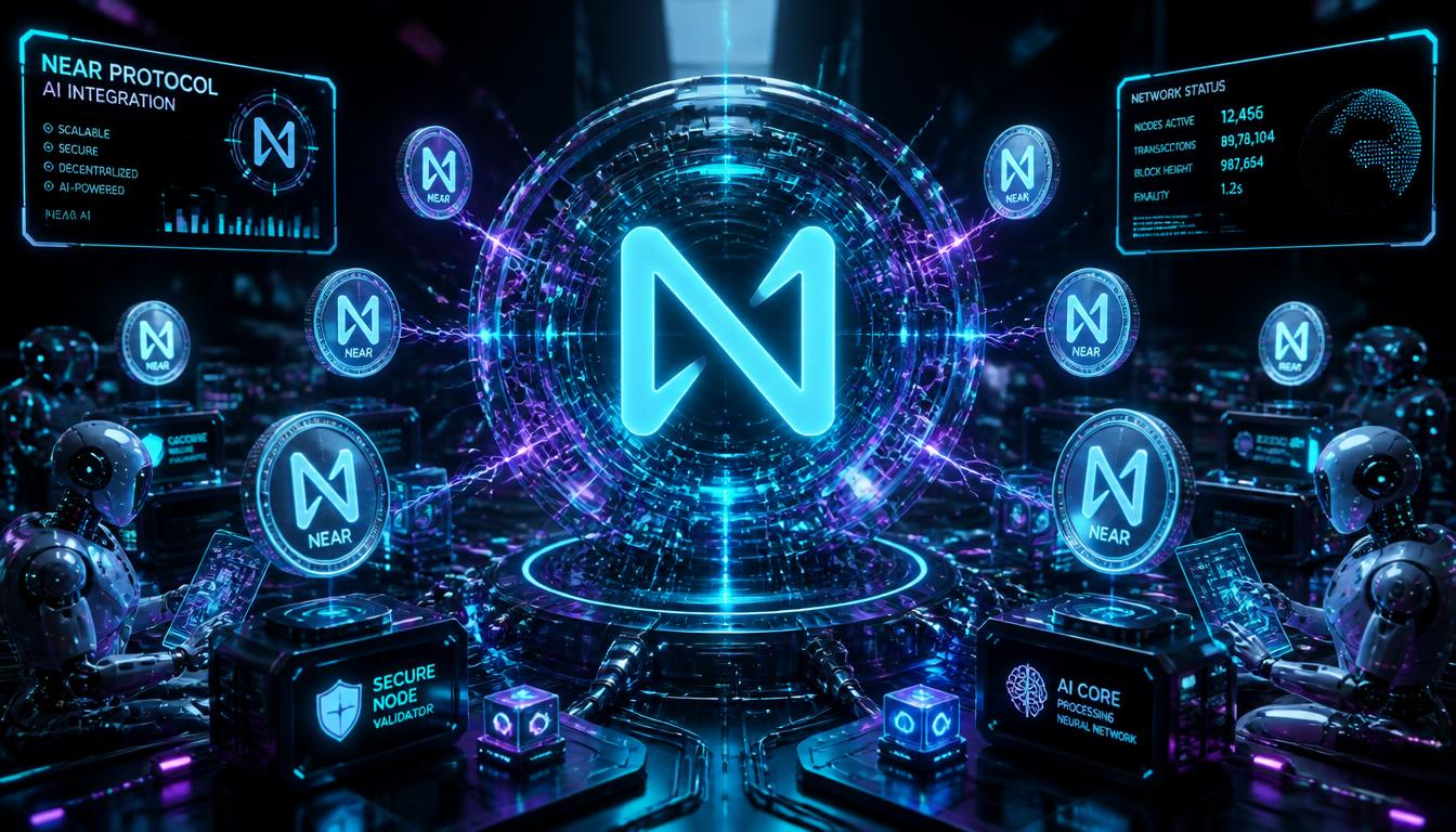 A glowing cybernetic AI brain with the NEAR Protocol logo connected to autonomous robotic agents via neon neural network lines.