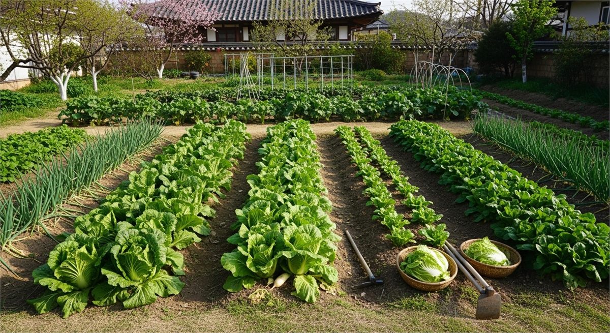 일부는 수확하고 일부는 더 자라는 봄 밭작물 전경