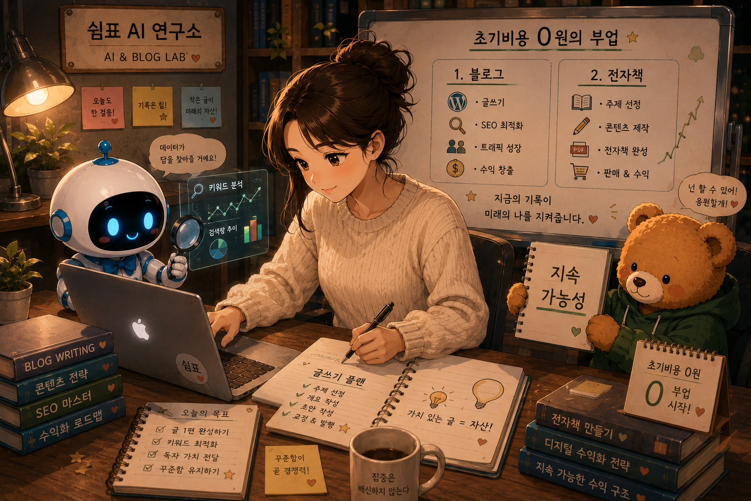 쉼표가 초기비용 0원 부업인 블로그와 전자책 전략을 연구하고, 푸름이가 키워드 분석을 돕는 모습.
