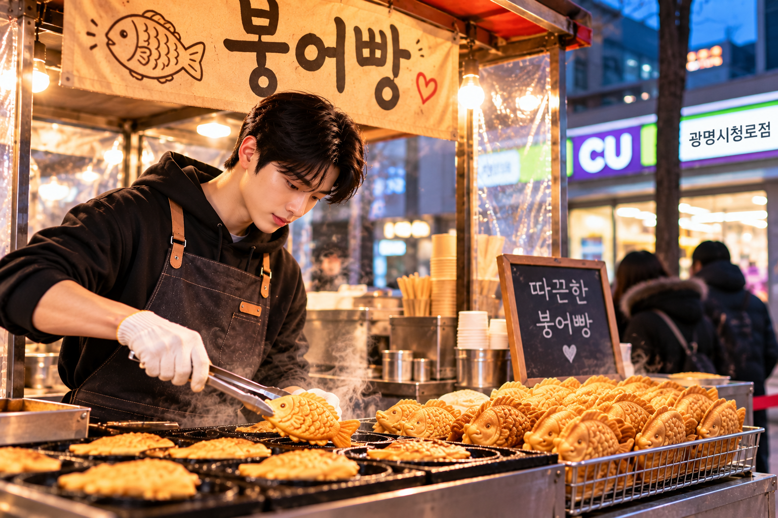 광명 철산동 붕은우 붕어빵 위치와 영업시간을 소개하는 글에 사용한 이미지로, CU 광명시청로점 인근 붕어빵 노점에서 청년이 붕어빵을 굽는 모습을 표현한 AI 이미지