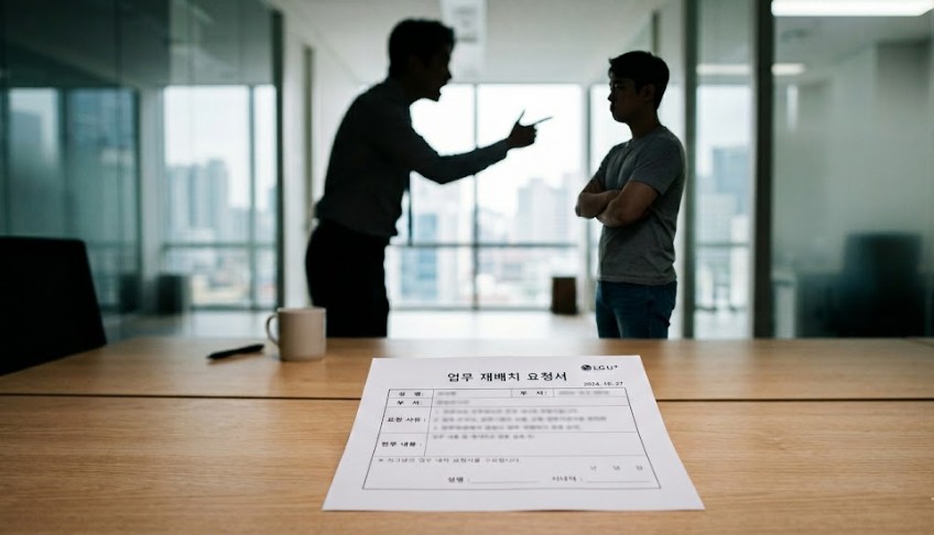 책상 위에 놓인 '업무 재배치 요청서'라는 서류와 그 뒤로 갈등하는 두 사람