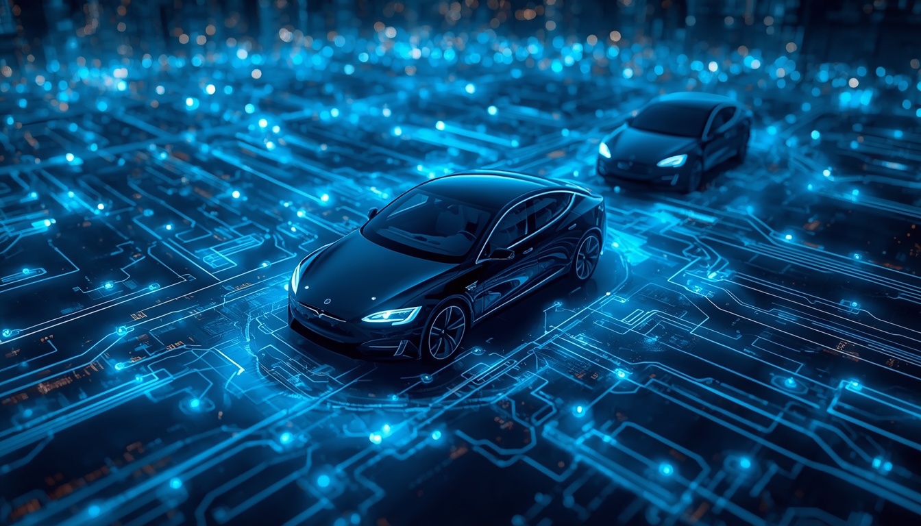 A conceptual digital illustration of autonomous electric vehicles connected within a high-tech smart city ecosystem.