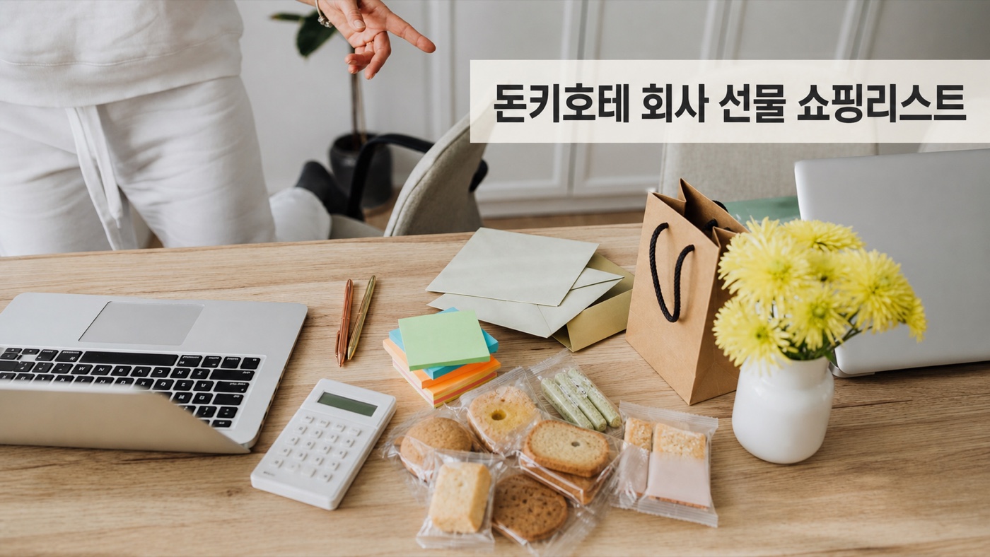 돈키호테 회사 선물 쇼핑리스트와 개별포장 과자를 준비하는 사무실 책상
