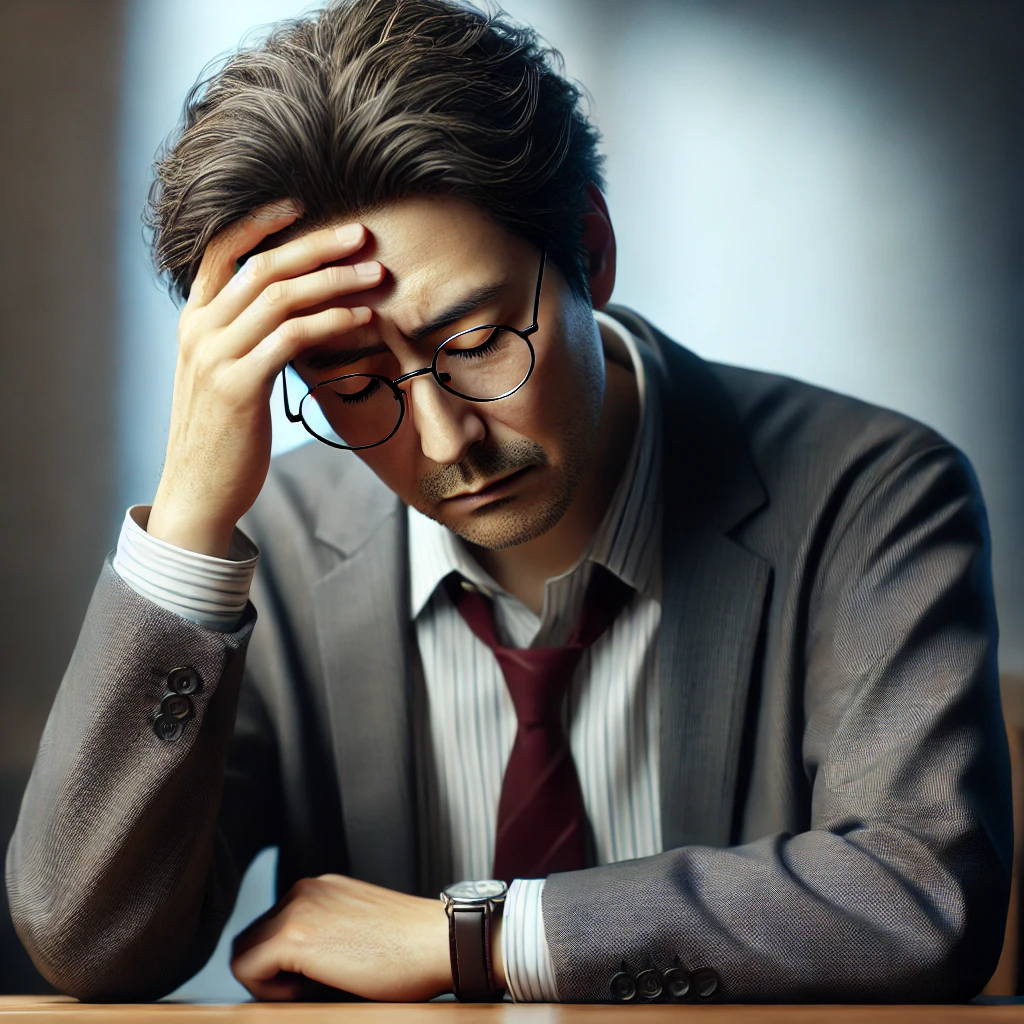 "피로와 스트레스를 느끼며 책상에 앉아 머리를 감싸 쥔 40~50대 중년 남성"