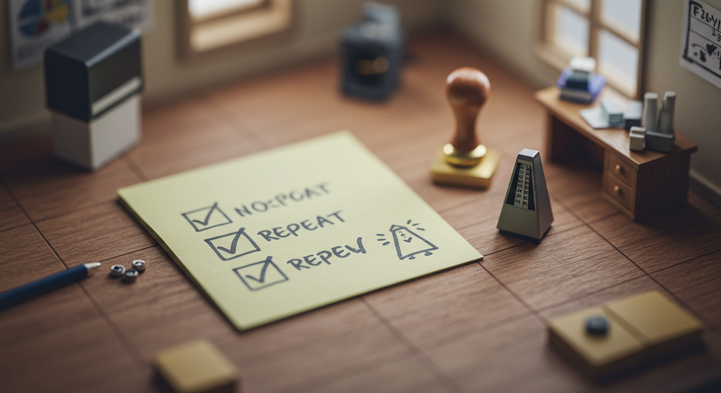 미니어처 스탬프와 메모지, 체크마크 소품을 틸트쉬프트로 촬영한 팁 아이콘 이미지