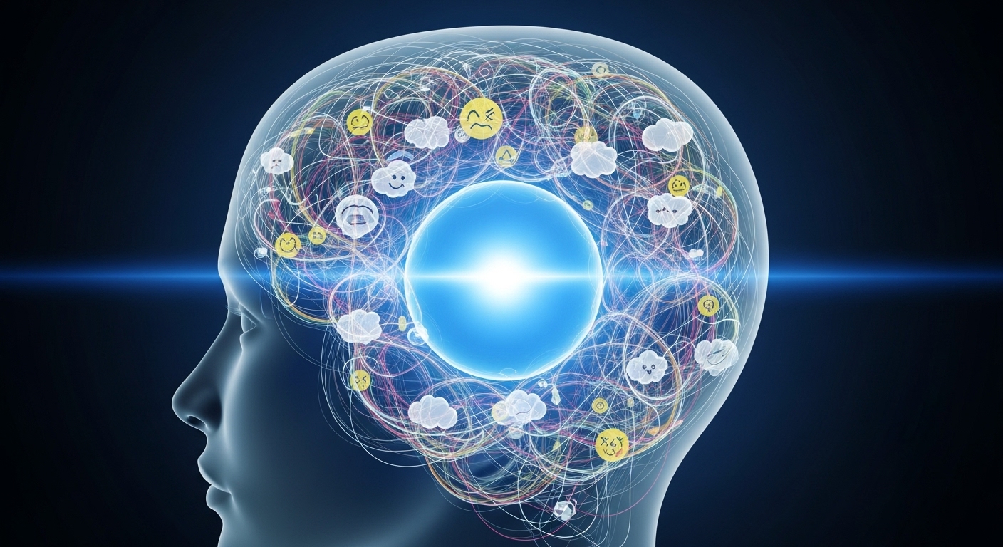 다양한 생각과 감정이 소용돌이치는 추상적인 마음 속에서 고요히 자신을 관찰하는 푸른 빛의 중심을 보여줍니다.