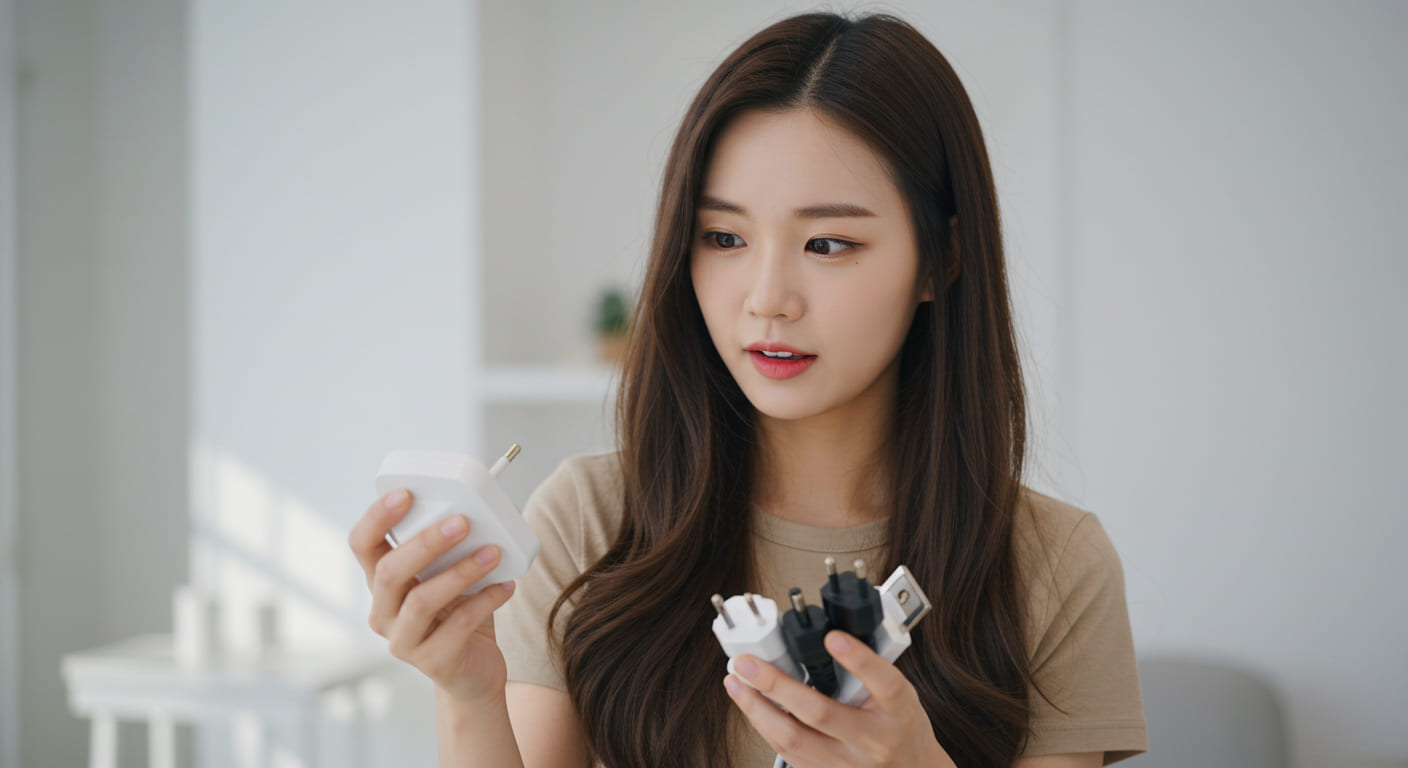 변환 플러그를 비교하는 귀여운 한국인 여성