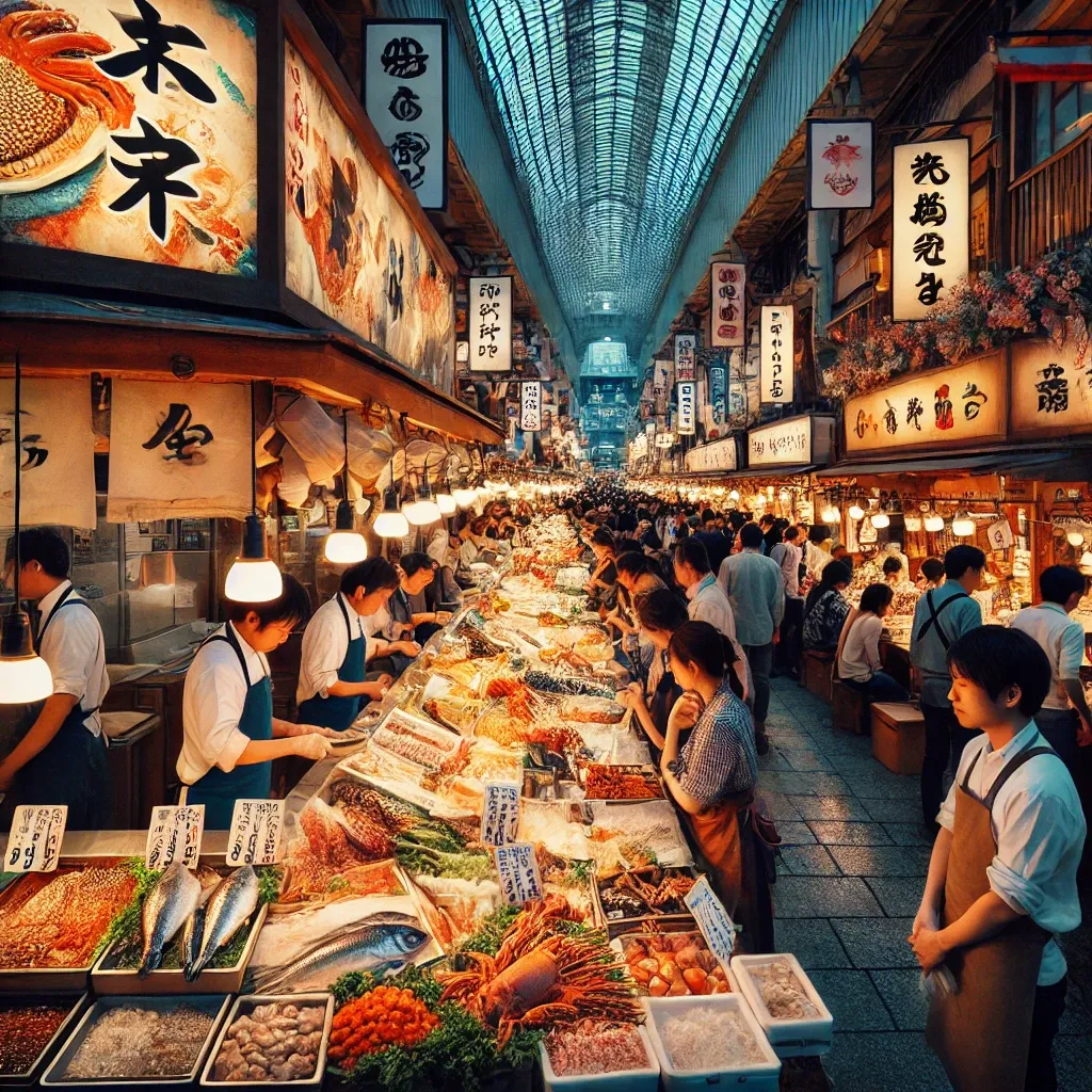 오사카 쿠로몬 시장의 해산물 가판대에서 다양한 생선과 해산물이 진열된 모습.