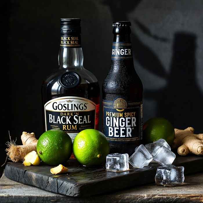 다크 앤 스토미 재료 - 블랙 실 럼, 진저비어, 신선한 라임과 거친 나무 배경