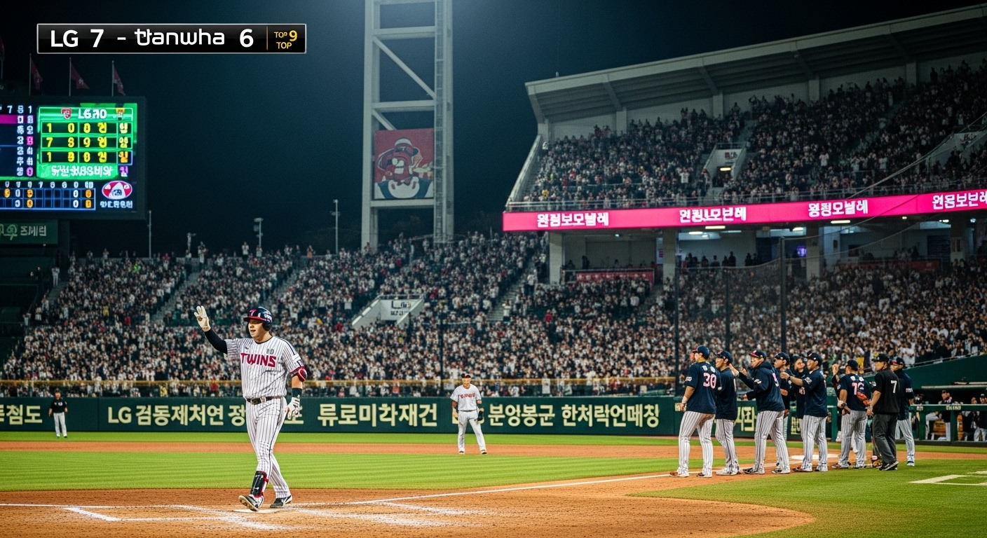 2025년 한국시리즈 4차전 9회초 LG 트윈스 김현수 선수가 결정적인 안타를 치고 환호하는 모습과 열광하는 팬들. 스코어보드에는 극적인 역전승을 알리는 점수가 선명하게 보인다.