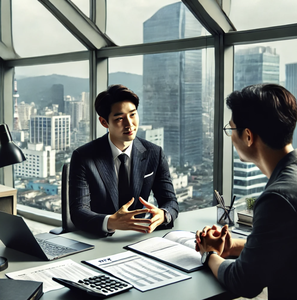 사무실에서 고객과 세금 전략을 논의하는 세무 컨설턴트의 모습