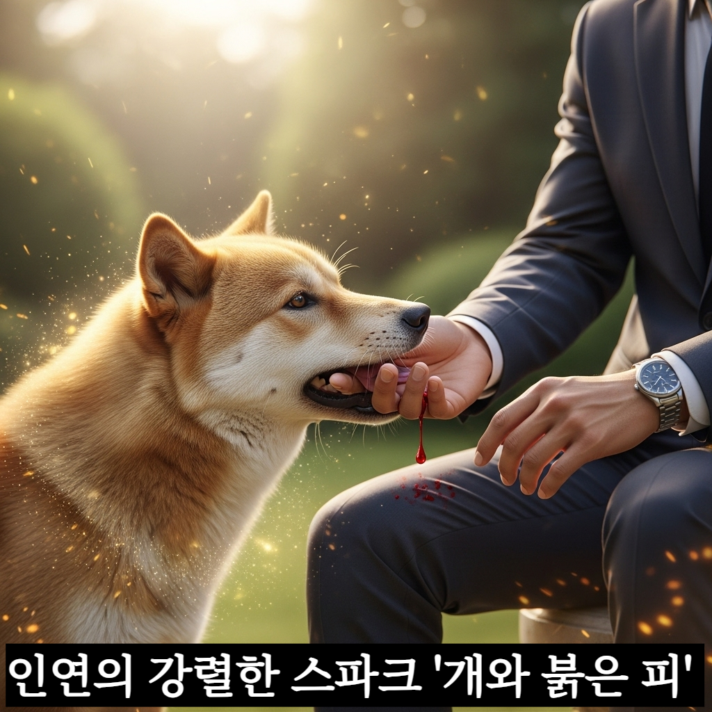 따스한 오후 햇살 아래 충직한 황금빛 진돗개가 한 한국인 남성의 손등을 가볍게 물고 있고 선명한 붉은 피가 한 방울 보석처럼 맺혀 있는 장엄하고 신비로운 분위기의 일러스트