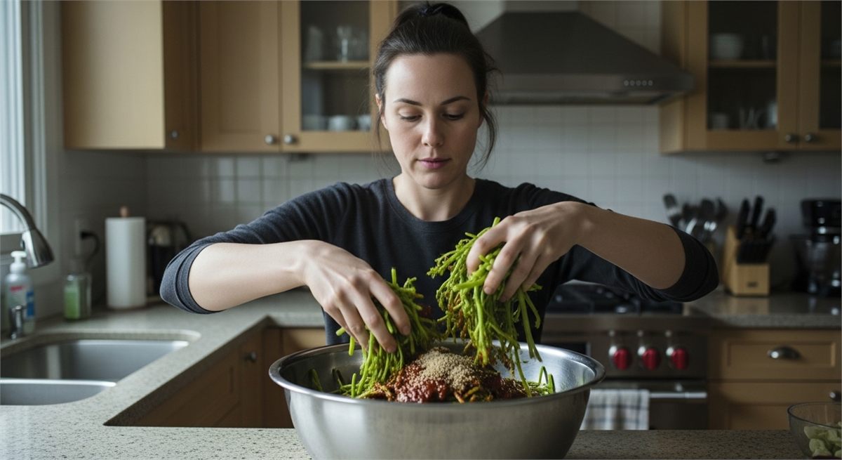 집에서 두릅무침을 만드는 한국인 여성의 모습