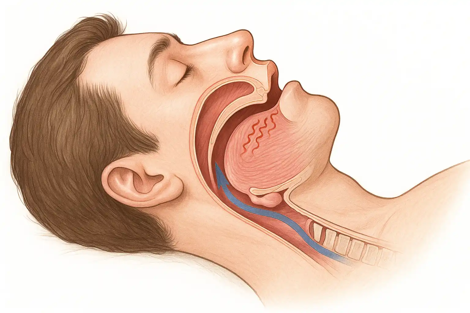 수면 중 좁아진 기도를 공기가 지나가며 연구개, 목젖, 혀, 목 근육을 진동시키는 과정