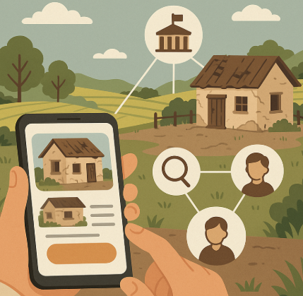 "농촌 빈집 연결 플랫폼을 표현한 일러스트, 스마트폰 화면에 빈집 정보가 표시되고 실제 빈집과 지자체·주민·검색 아이콘이 연결된 모습"