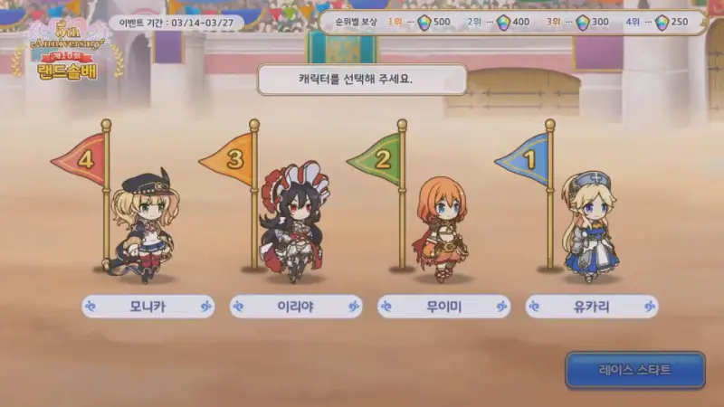 캐릭터 선택_모니카&#44; 이리야&#44; 무이미&#44; 유카리
