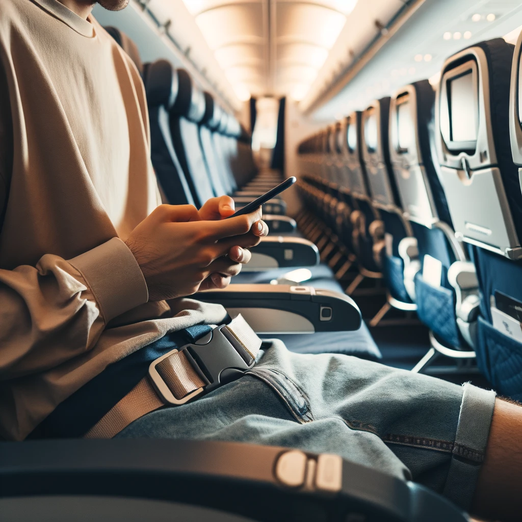 비행기 좌석에서 안전벨트를 착용한 모습