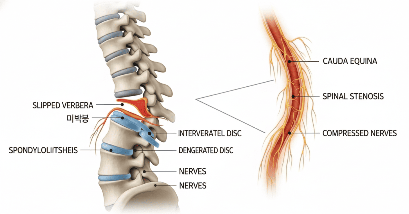 척추 전방위증으로 인해 척추뼈가 앞으로 미끄러진 모습과 척추관 협착증으로 좁아진 척추관을 보여주는 해부학적 비교 이미지.