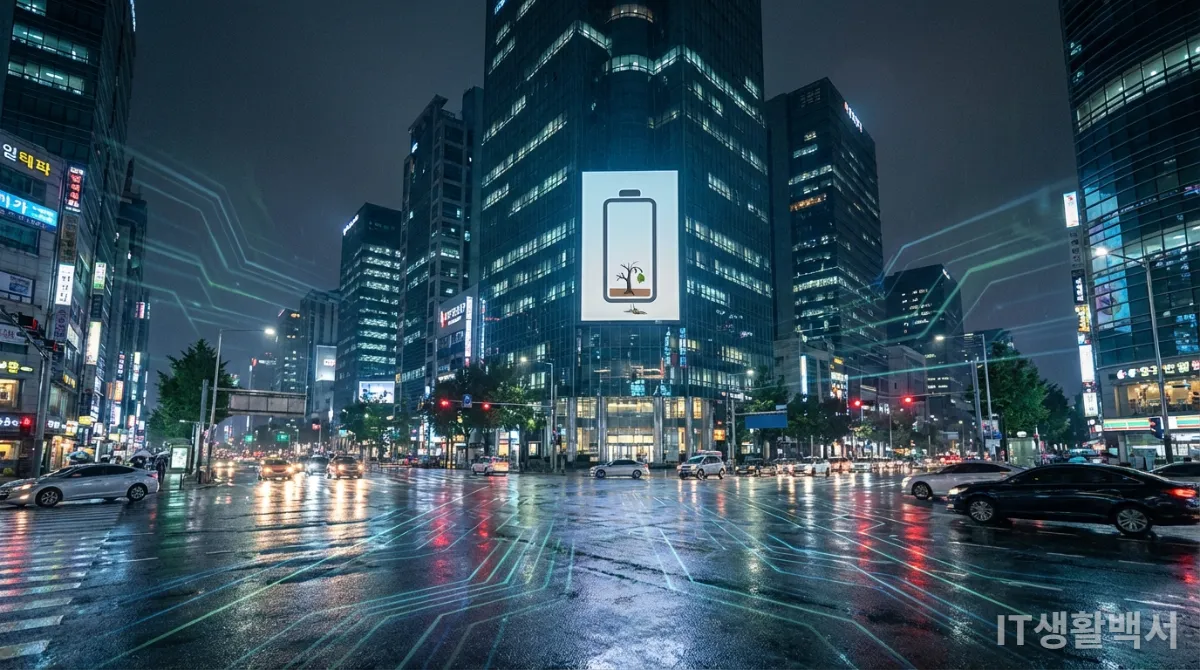 밤의 한국 도시 풍경과 데이터 흐름을 상징하는 빛의 줄기들, 데이터센터의 에너지 소비 문제 시각화.