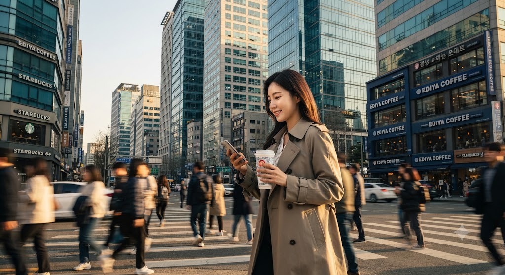 고층 빌딩과 수많은 카페 간판이 가득한 서울의 도심 전경을 배경으로, 손에 세련된 디자인의 신식차 컵을 든 젊은 직장인이 활기차게 거리를 걷는 모습. 커피 일변도의 한국 음료 시장에서 차(Tea)가 일상의 문화로 깊숙이 스며드는 변화의 순간을 포착한 스냅 사진.