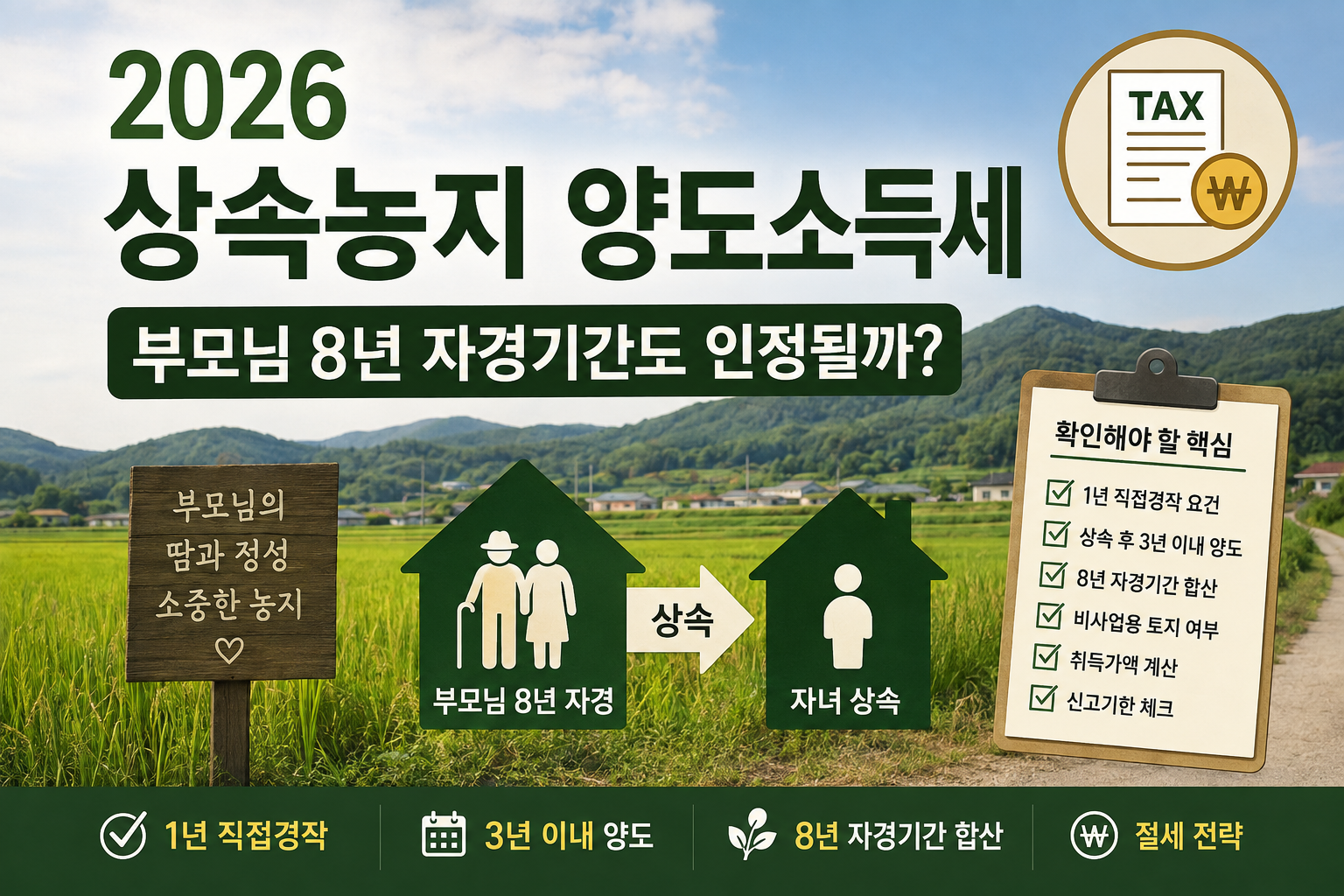 2026 상속농지 양도소득세 부모님 8년 자경기간 인정 조건 인포그래픽