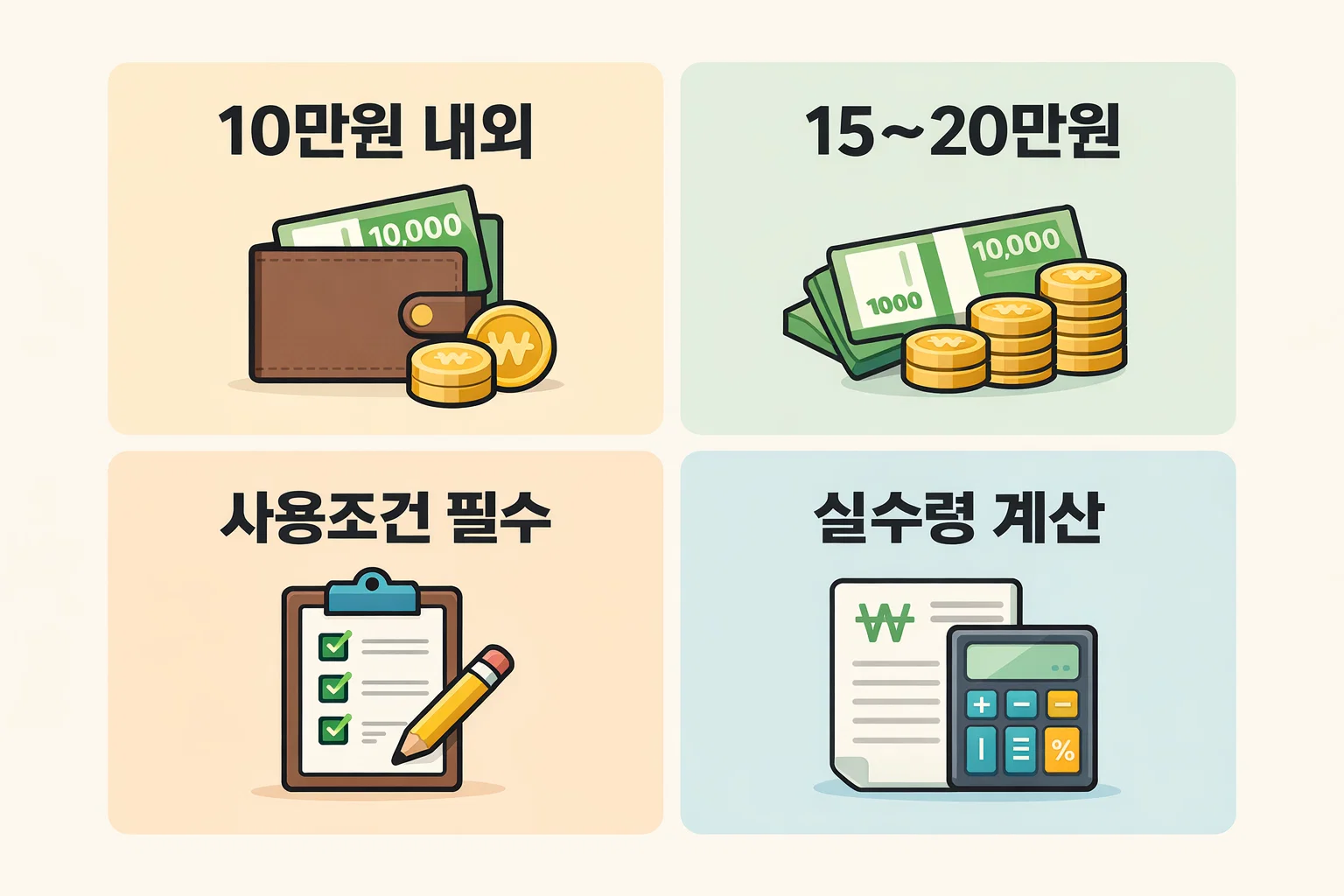 신용카드 발급 시 제공되는 금액대와 사용조건 및 실수령액 계산 기준을 정리해 선택 시 유의사항을 안내하는 이미지