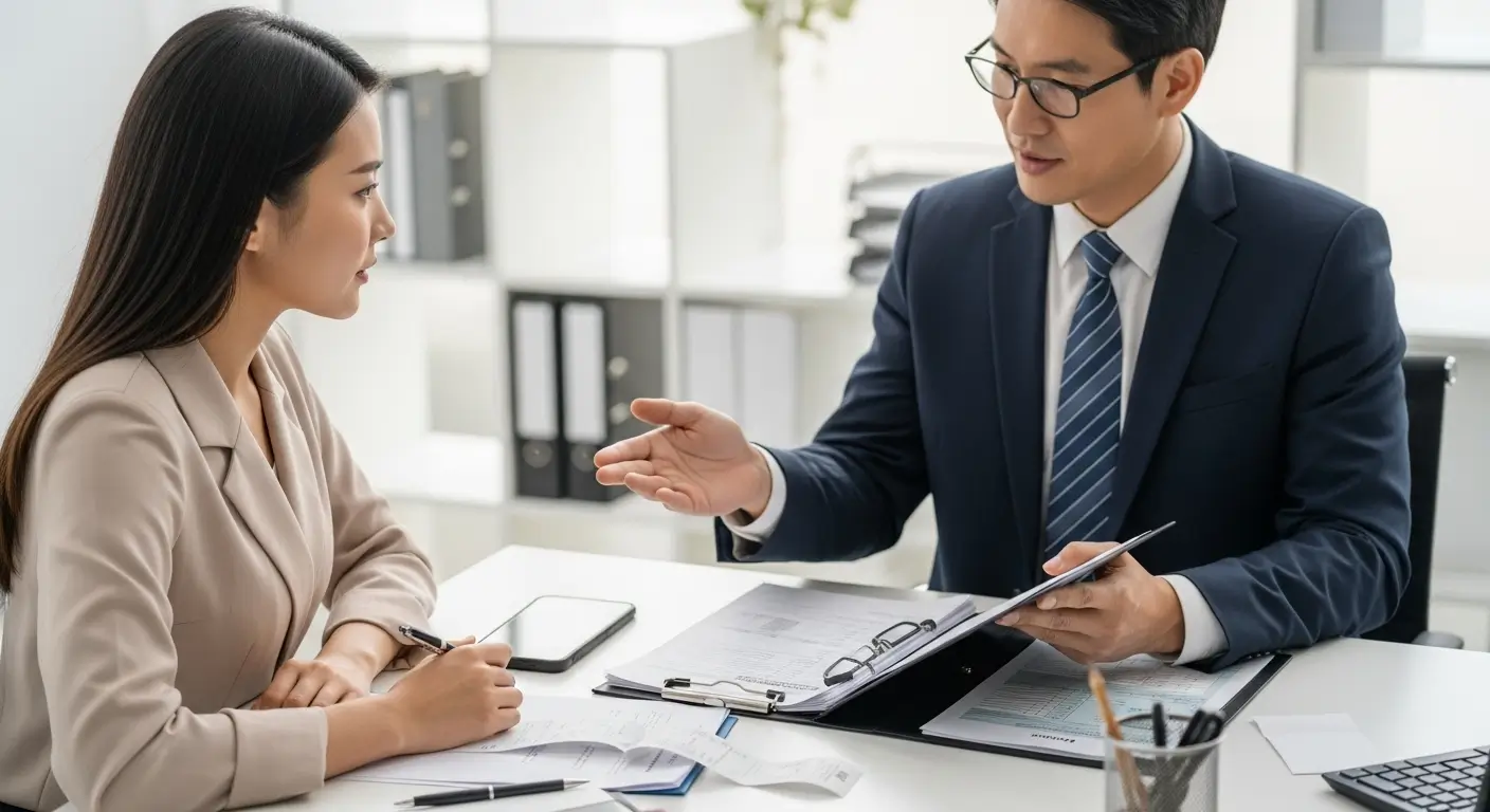한 한국인 사업자가 전문 세무사와 11 상담을 받으며, 복잡한 자금 용도 소명 자료를 검토하고 해결책을 찾는 모습