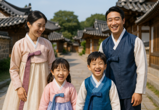 전주 한옥 마을에서 한복을 입고 체험하고 있는 가족 모습