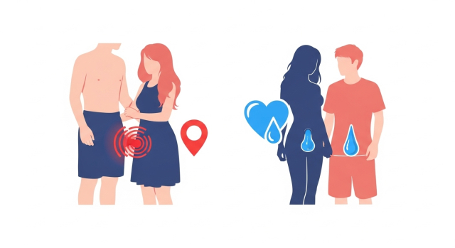 여성소음순으로 인한 성관계 중 통증과 개선된 편안함을 대비해 보여주는 추상 그림
