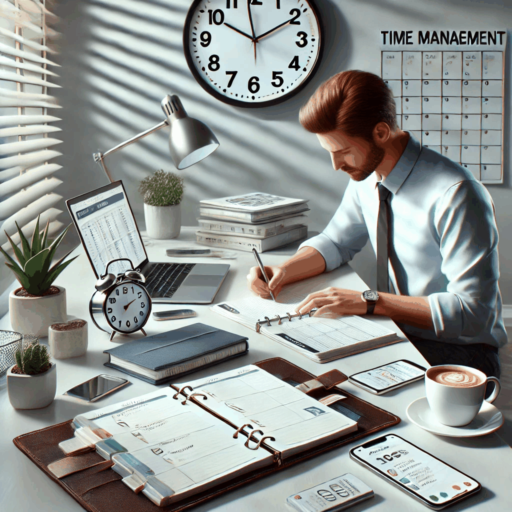 남성이 책상에 앉아서 계획표를 만드는 이미지