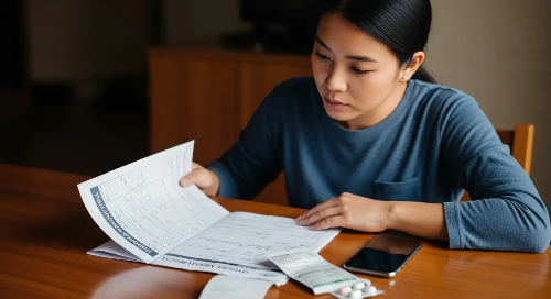책상에서 스마트폰으로 진료 기록, 영수증, 약 봉투의 내용을 정리하고 있는 여성 모습