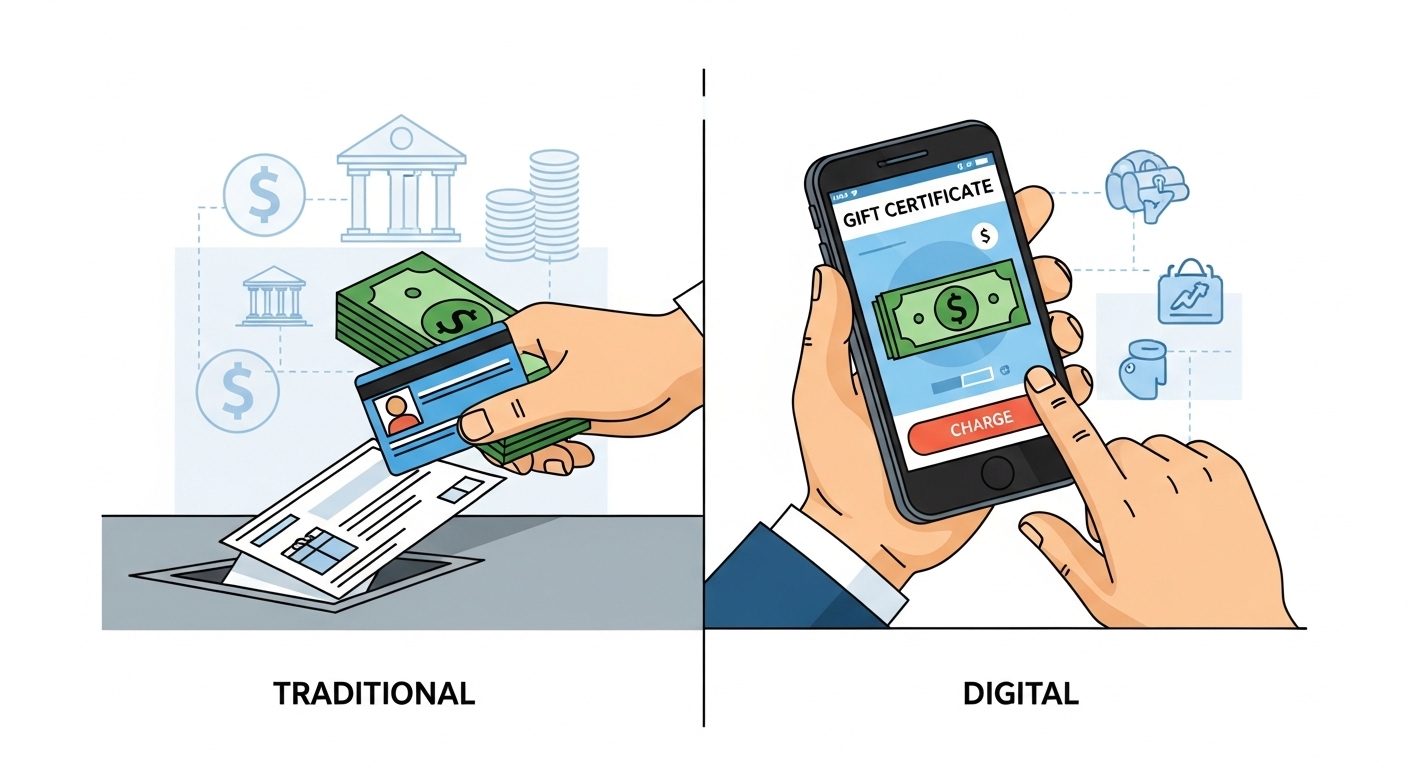 An infographic-style illustration showing a split screen: one side depicting a hand holding cash and ID at a bank counter with various bank logos, buying the paper gift certificate, and the other side showing a hand using a smartphone app to charge the mobile gift certificate."
