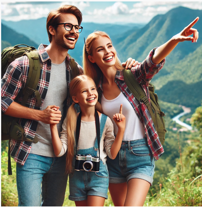 초등학생 자녀와 함께 하이킹 가서 찍은 가족 사진