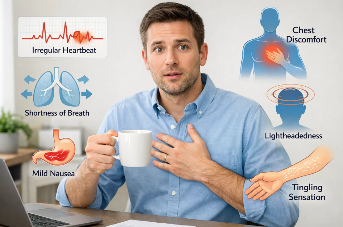 커피를 마시며 가슴 두근거림을 느끼는 성인 남성과 주변에 표시된 부정맥 관련 증상 아이콘들(불규칙한 심장 박동, 숨가쁨, 가슴 불편감, 어지러움, 메스꺼움, 손 저림)