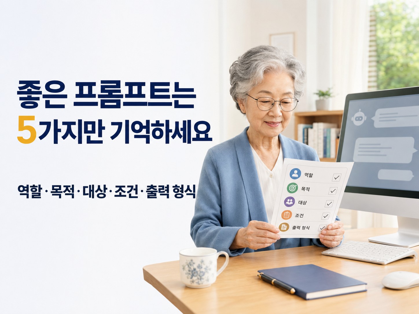 시니어 사용자가 역할과 목적, 대상, 조건, 출력 형식을 확인하며 좋은 생성형 AI 프롬프트 작성법을 배우는 모습입니다.