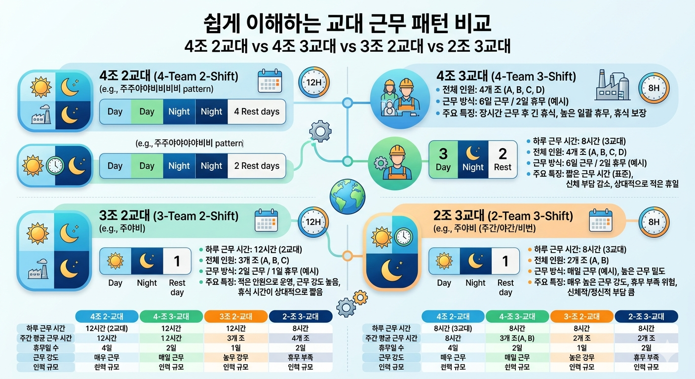 교대 근무 4조 2교대 vs 4조 3교대 vs 3조 2교대 vs 2조 3교대 업무차이