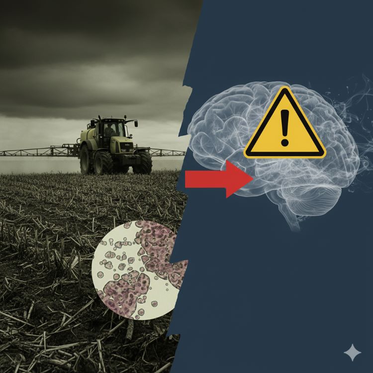 한쪽에는 제초제를 뿌리는 트랙터와 시들어가는 식물, 다른 한쪽에는 파괴된 장내 미생물을 나타내는 미생물 군집 이미지. 중앙에 경고 표시와 함께 뇌 실루엣이 희미해지는 모습. 어두운 톤의 경고 메시지를 담은 현실적이고 충격적인 포토 콜라주