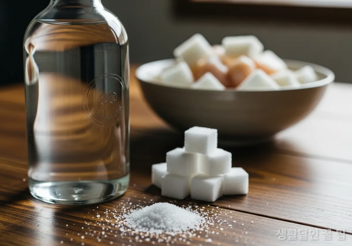 치킨 무 국물의 주성분인 식초, 설탕, 소금이 놓여 있는 모습