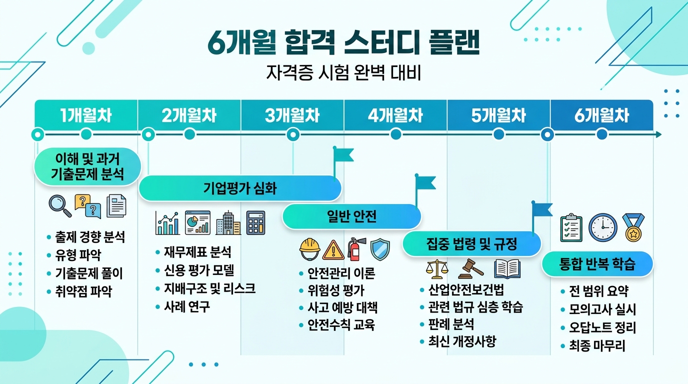 산업안전지도사 1차 단기합격 6개월 플랜 &mdash; 월별 과목 집중 전략 로드맵 인포그래픽