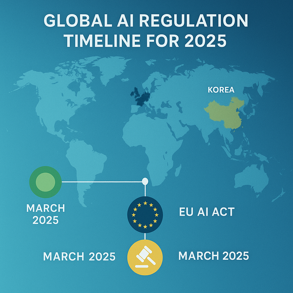 2025년 AI 법제도 변화를 나타내는 타임라인과 글로벌 지도