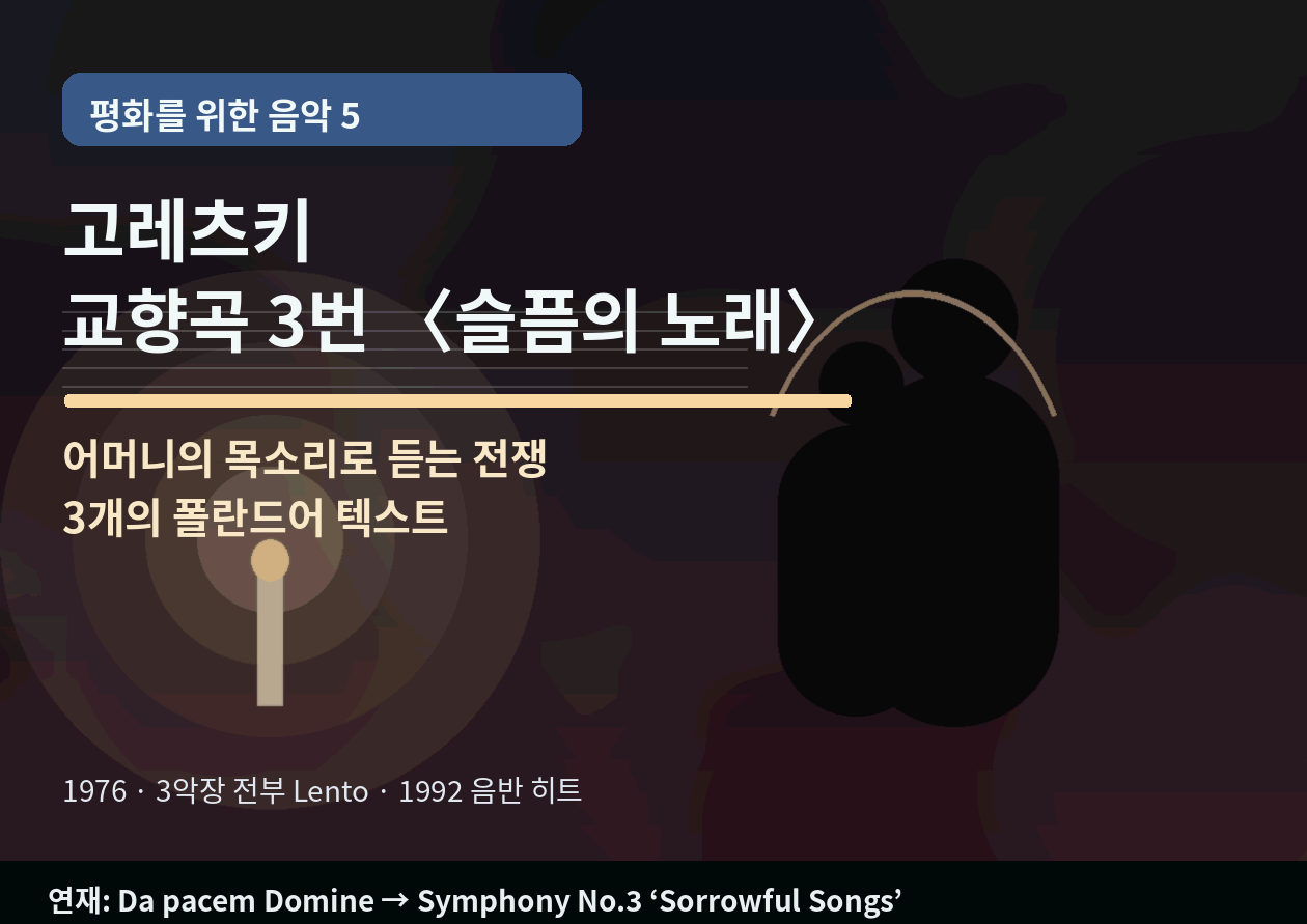 고레츠키 교향곡 3번 <슬픔의 노래>｜"어머니의 목소리"로 듣는 전쟁과 애도 - 3개의 폴란드어 텍스트, 3개의 느린 기도