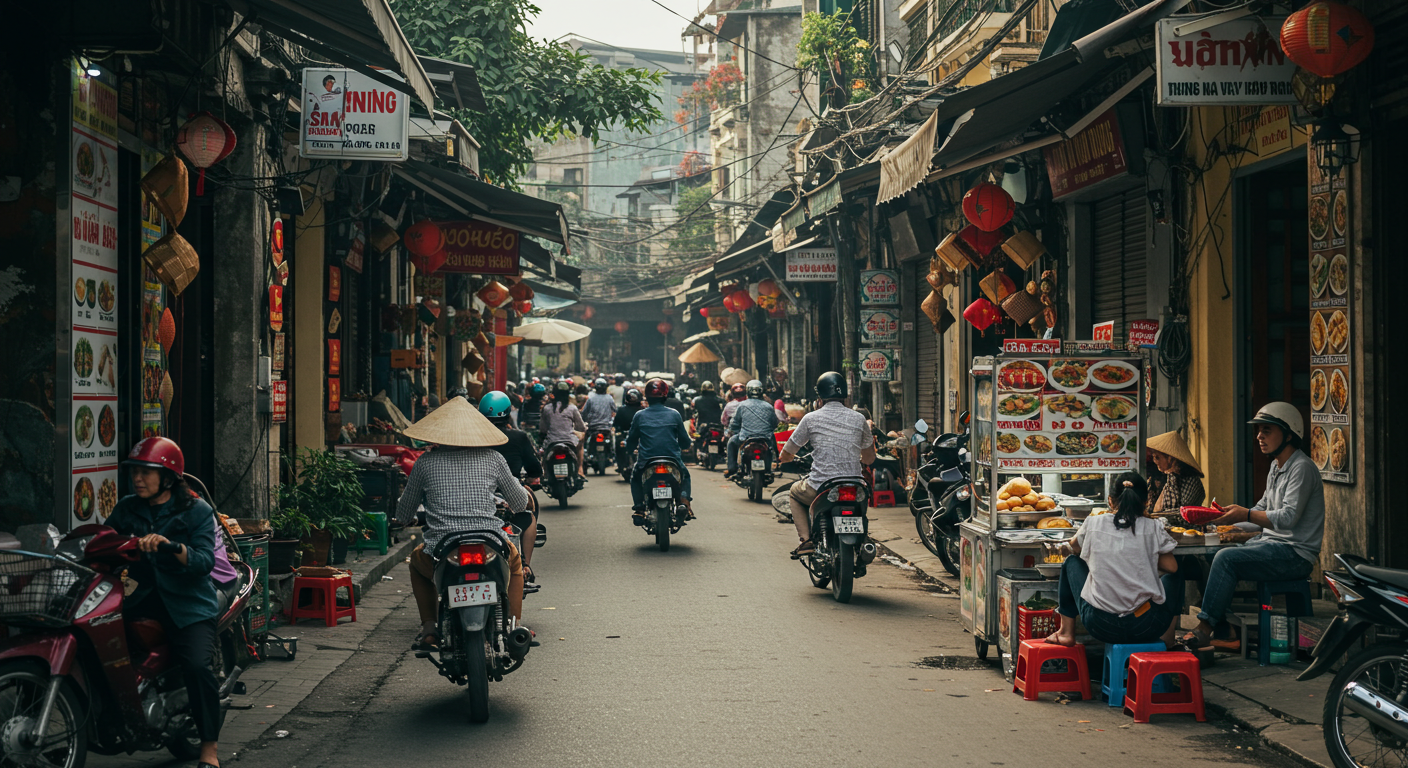 오토바이와 사람들이 붐비는 하노이 구시가지의 활기찬 골목길 풍경