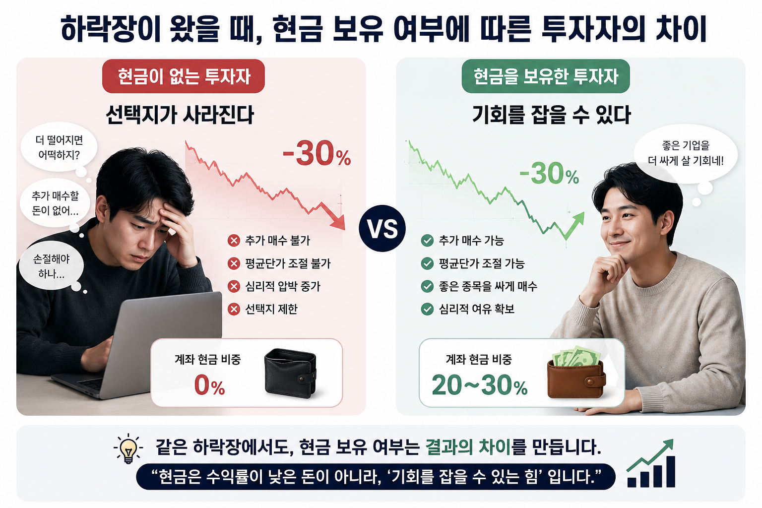 하락장에서 현금 보유 여부에 따른 투자자의 차이를 설명하는 이미지, 현금 비중과 추가 매수 전략 비교
