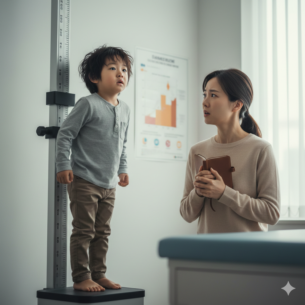 병원 키 재기 기구 앞에서 까치발을 들고 서 있는 아이와, 그 옆에서 걱정스러운 눈빛으로 수첩을 꽉 쥐고 있는 엄마의 모습