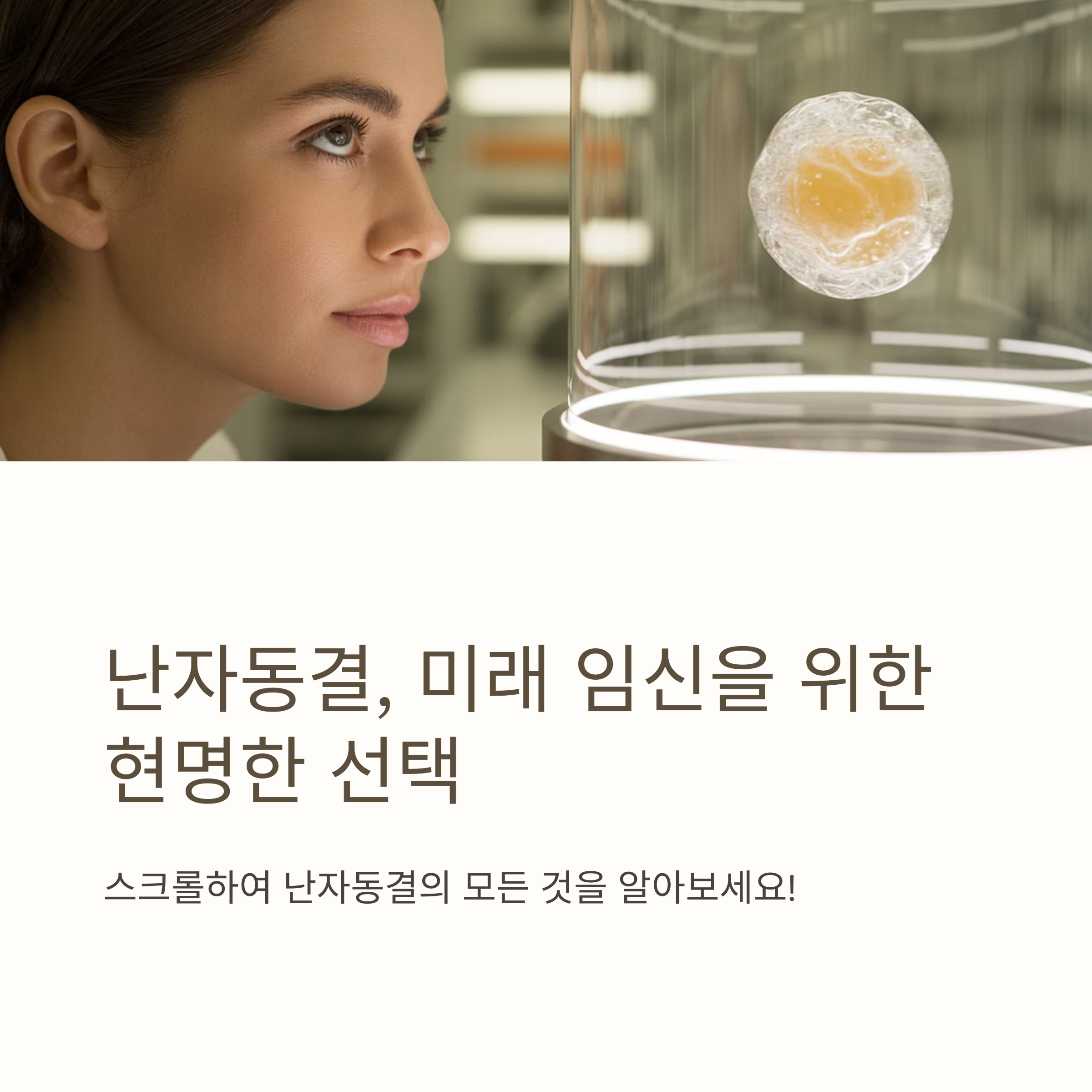 실험실 유리 캡슐 속 난자를 바라보는 여성의 모습과 함께 "난자동결, 미래 임신을 위한 현명한 선택"이라는 안내 문구
