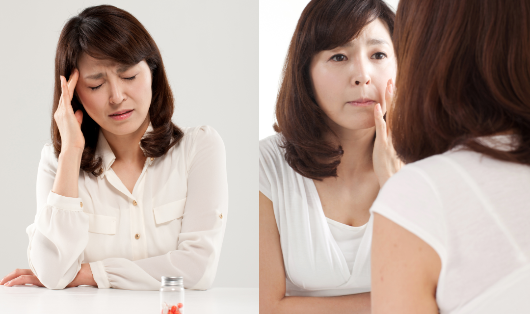 갱년기로 인한 두통과 우울감을 느끼는 여성