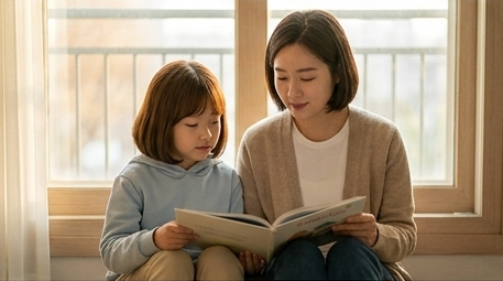창가 옆에서 딸과 나란히 앉아 책을 함께 보는 엄마와 딸