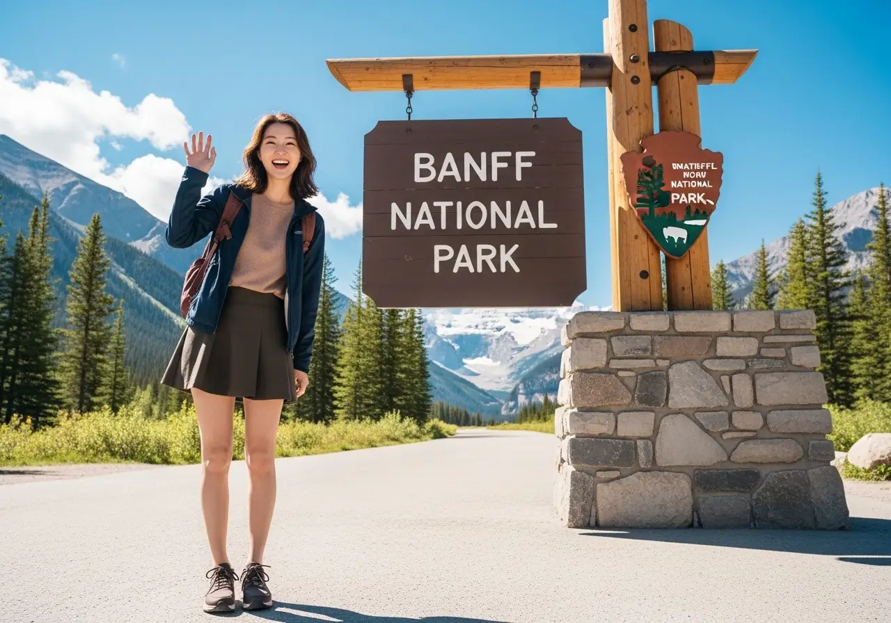 한 여성이 캐나다 밴프 국립공원 입구 사인 앞에서 활짝 웃으며 서 있다