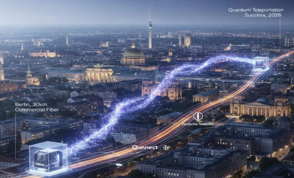 2026년 베를린의 실제 상용 광섬유망 30km 구간에서 성공한 양자 텔레포테이션 실증을 미래지향적으로 시각화한 이미지. 야간의 베를린 도심 전경 위로 두 개의 양자 노드가 푸른색 에너지 파동으로 연결되어 있으며, 양자 인터넷 시대의 현실화를 밝고 긍정적인 분위기로 표현함 (quantum teleportation, Berlin, 30km, commercial fiber network, quantum internet, futuristic, 2026)