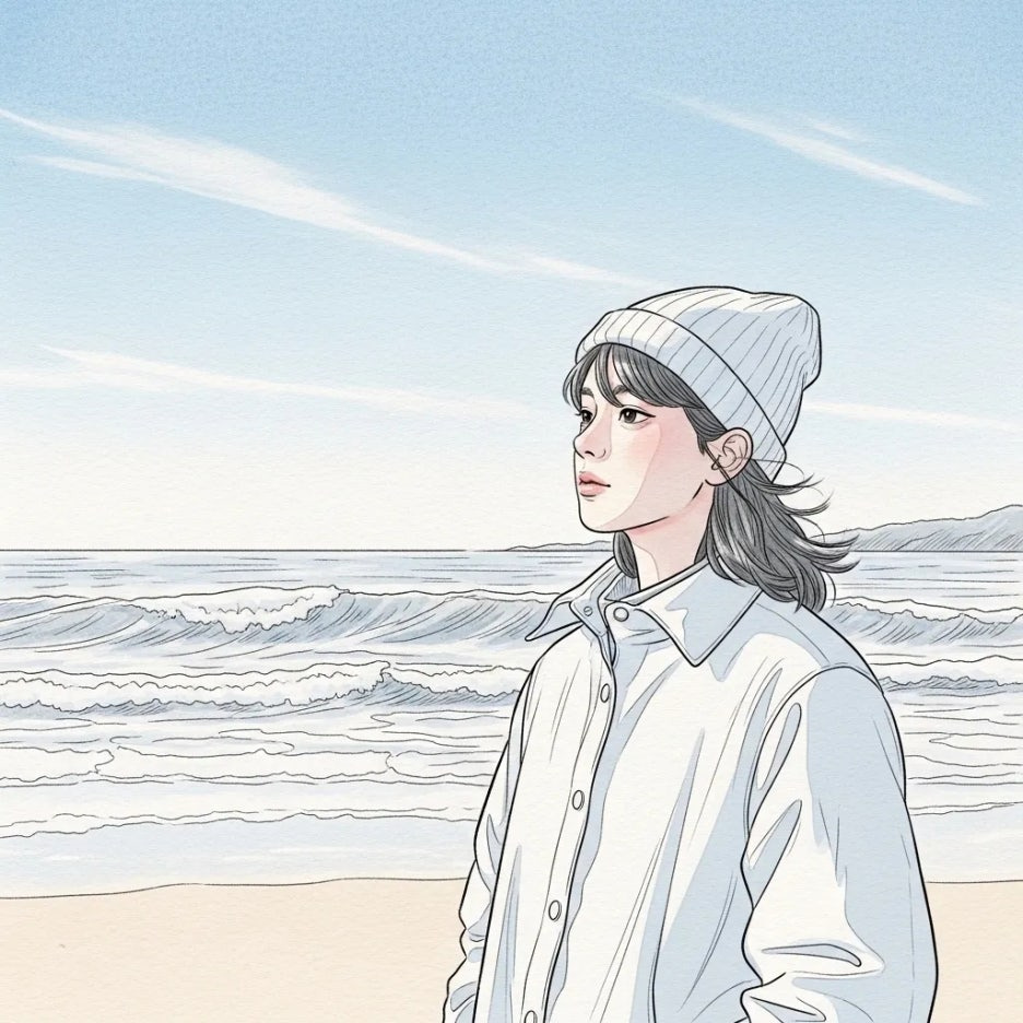 포항 바닷가에서 사색에 잠긴 사람의 모습.